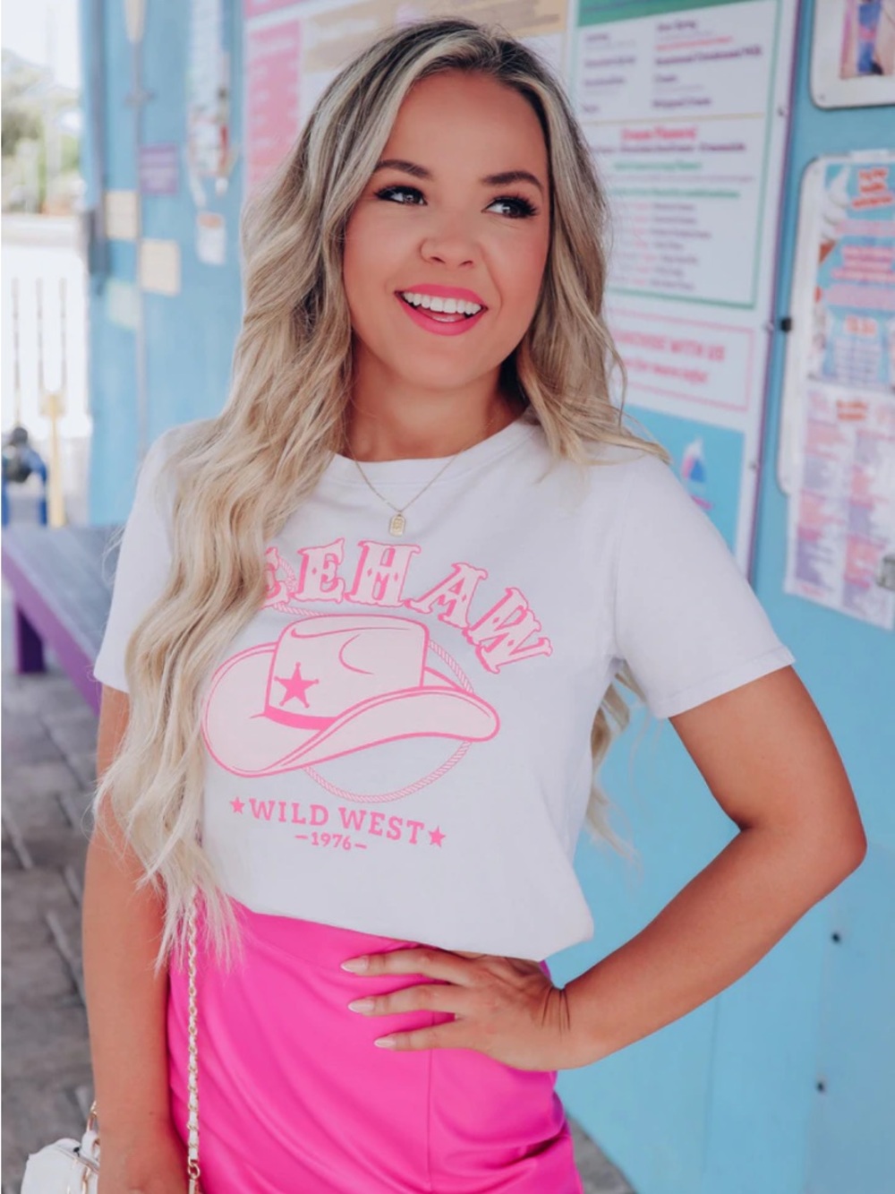 White Graphic Tee Yeehaw Pink Print - Small Wild West Women's Top